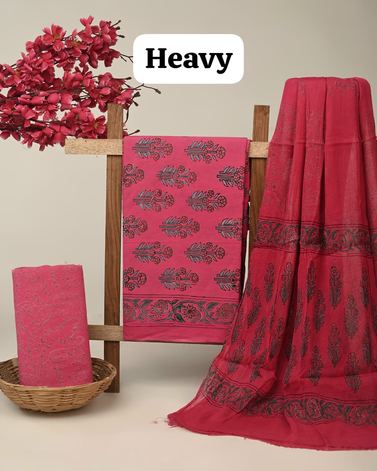 Pink butta cotton dress material with chiffon dupatta wholesale, artisan handblock printed cotton fabric set by Fabtexs