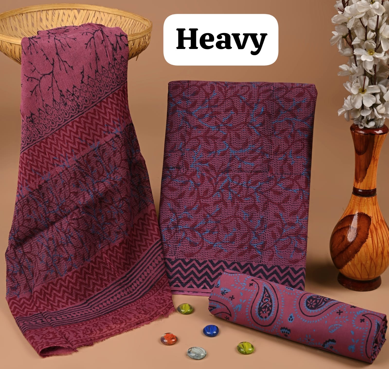 Wine jaal cotton dress material with chiffon dupatta wholesale, handblock printed cotton suit material for retailers by Fabtexs