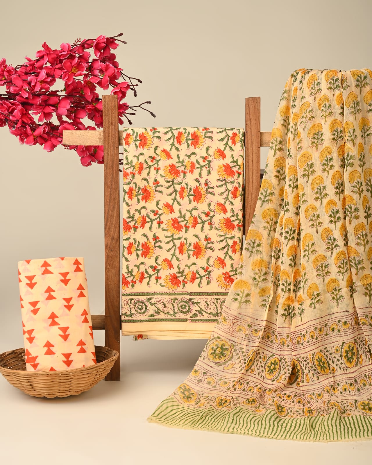 Yellow orange jaal pure cotton dress material with chiffon dupatta wholesale, handblock printed cotton suit set by Fabtexs