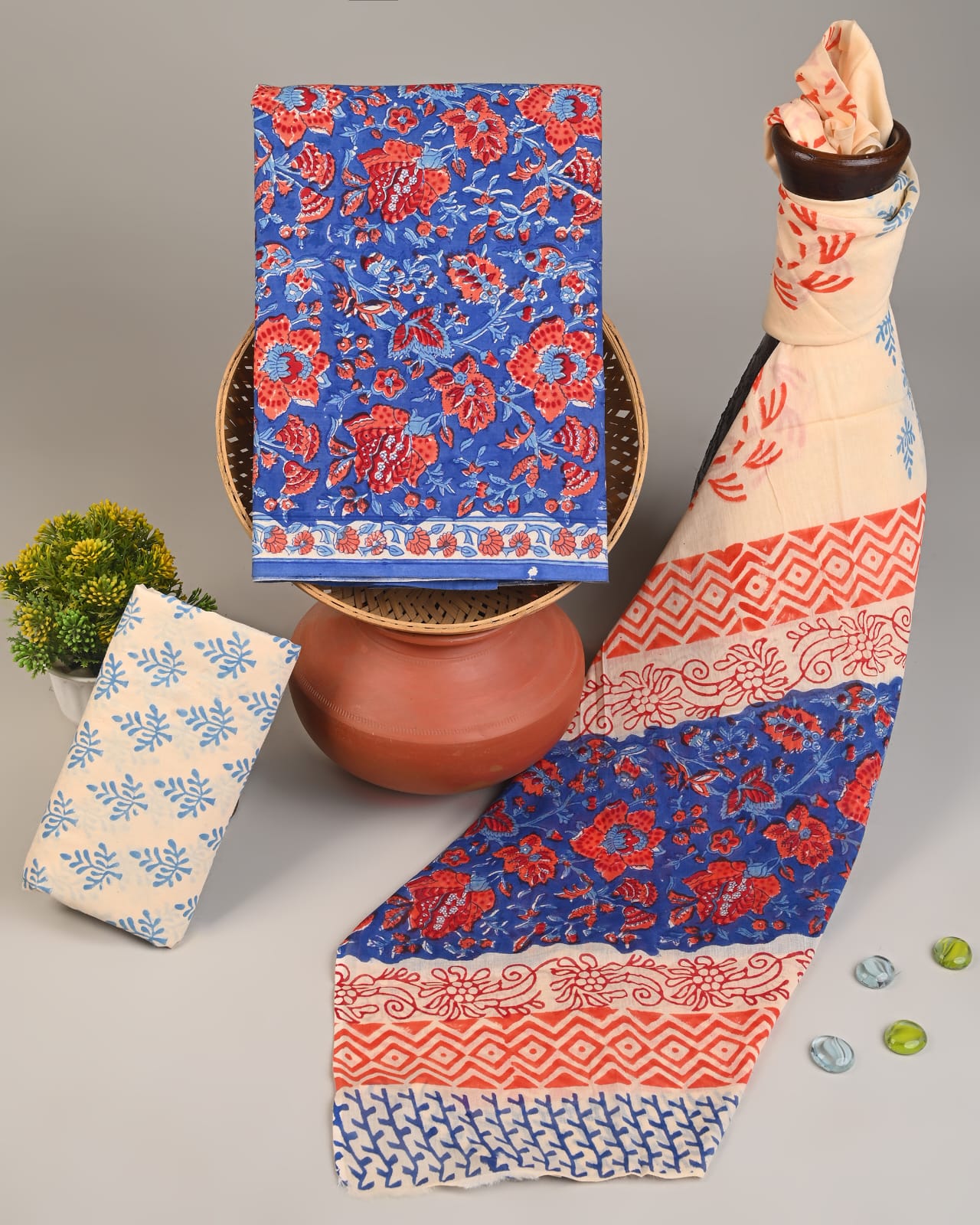 blue red floral jaal handblock printed cotton mulmul dress material wholesale India cotton fabric supplier for boutiques Fabtexs