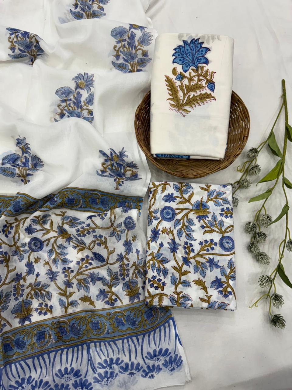 Blue white butta cotton mulmul dress material wholesale, handblock printed cotton suit set by Fabtexs