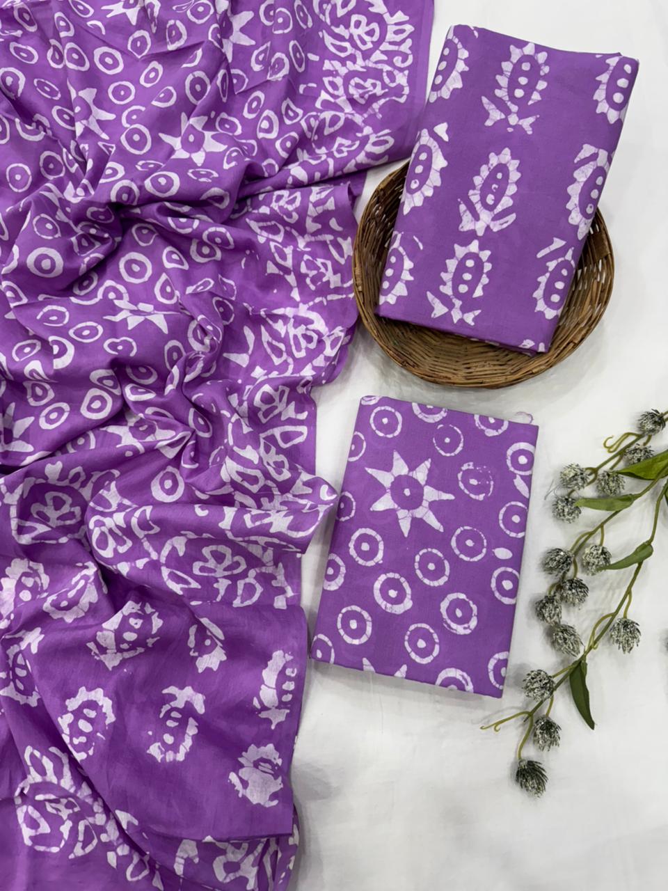 Purple batik cotton mulmul dress material wholesale, artisan dyed cotton suit set by Fabtexs