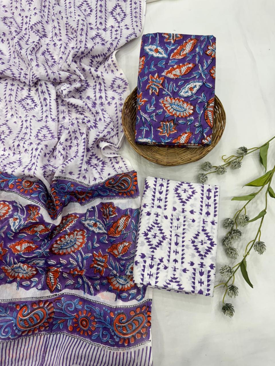 Purple white cotton mulmul dress material wholesale, artisan handblock printed cotton dress material by Fabtexs