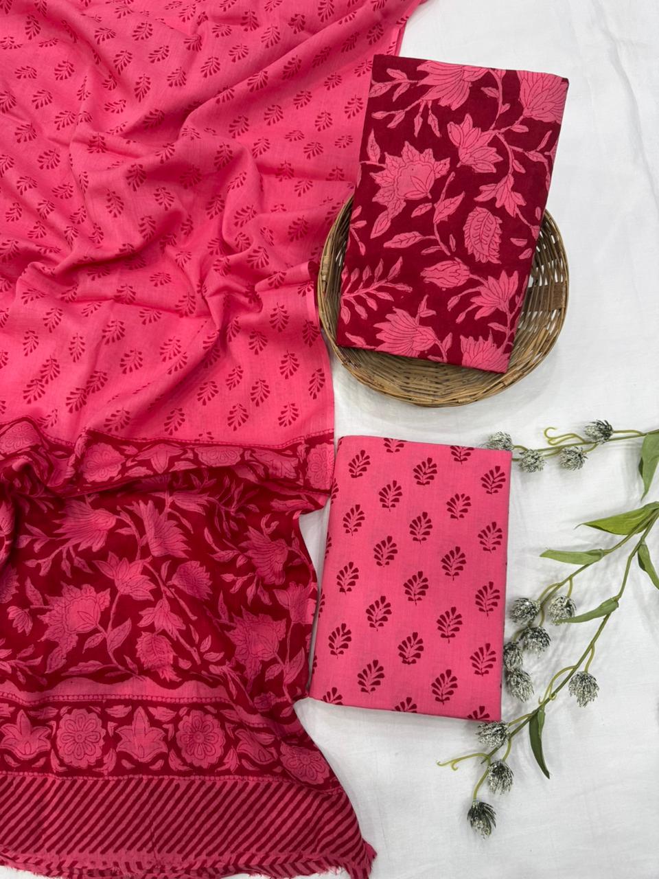 Red maroon floral jaal cotton mulmul dress material wholesale, handblock printed cotton suit set by Fabtexs