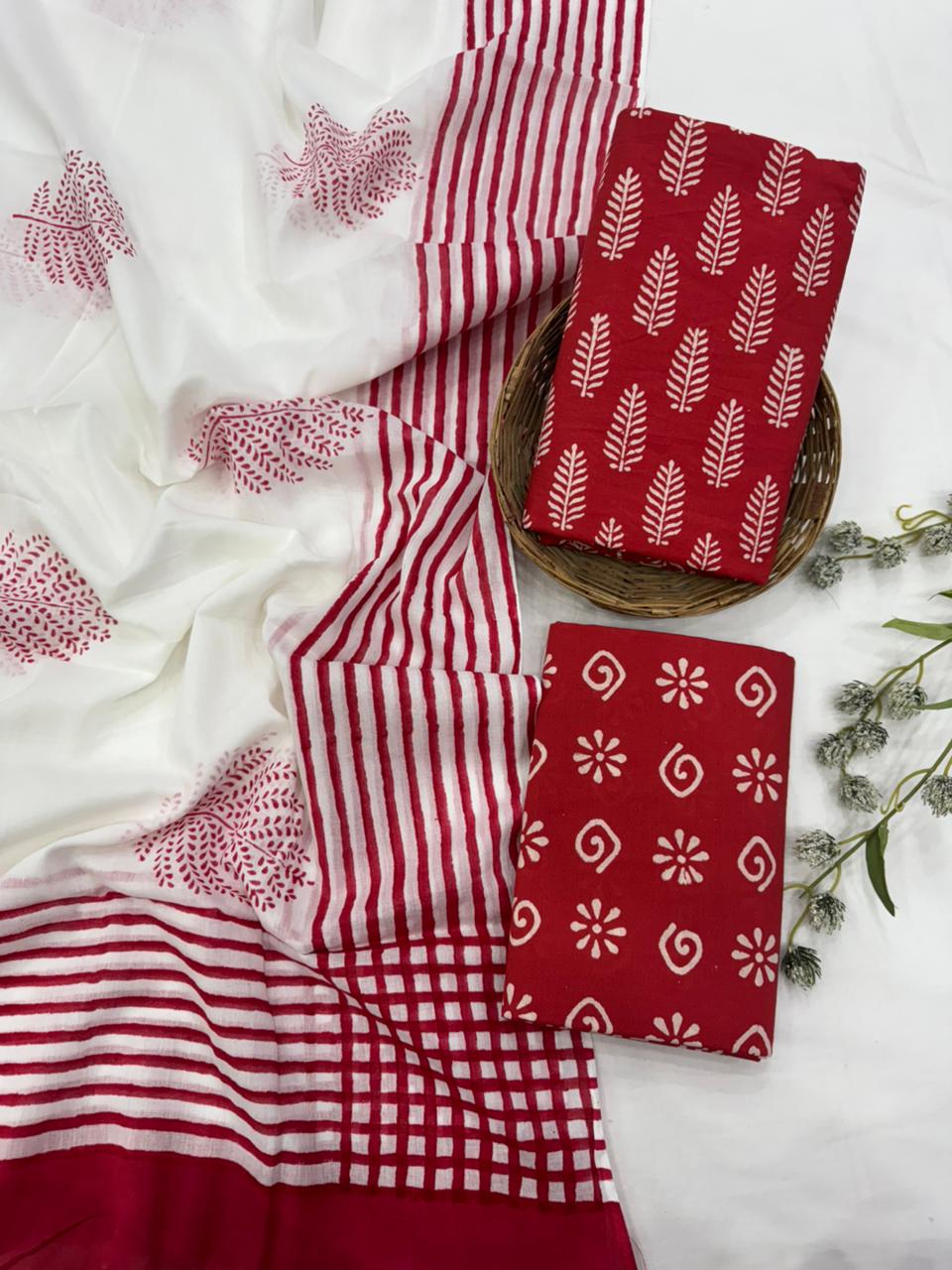 Red white cotton mulmul dress material wholesale, artisan handblock printed cotton dress material from Fabtexs