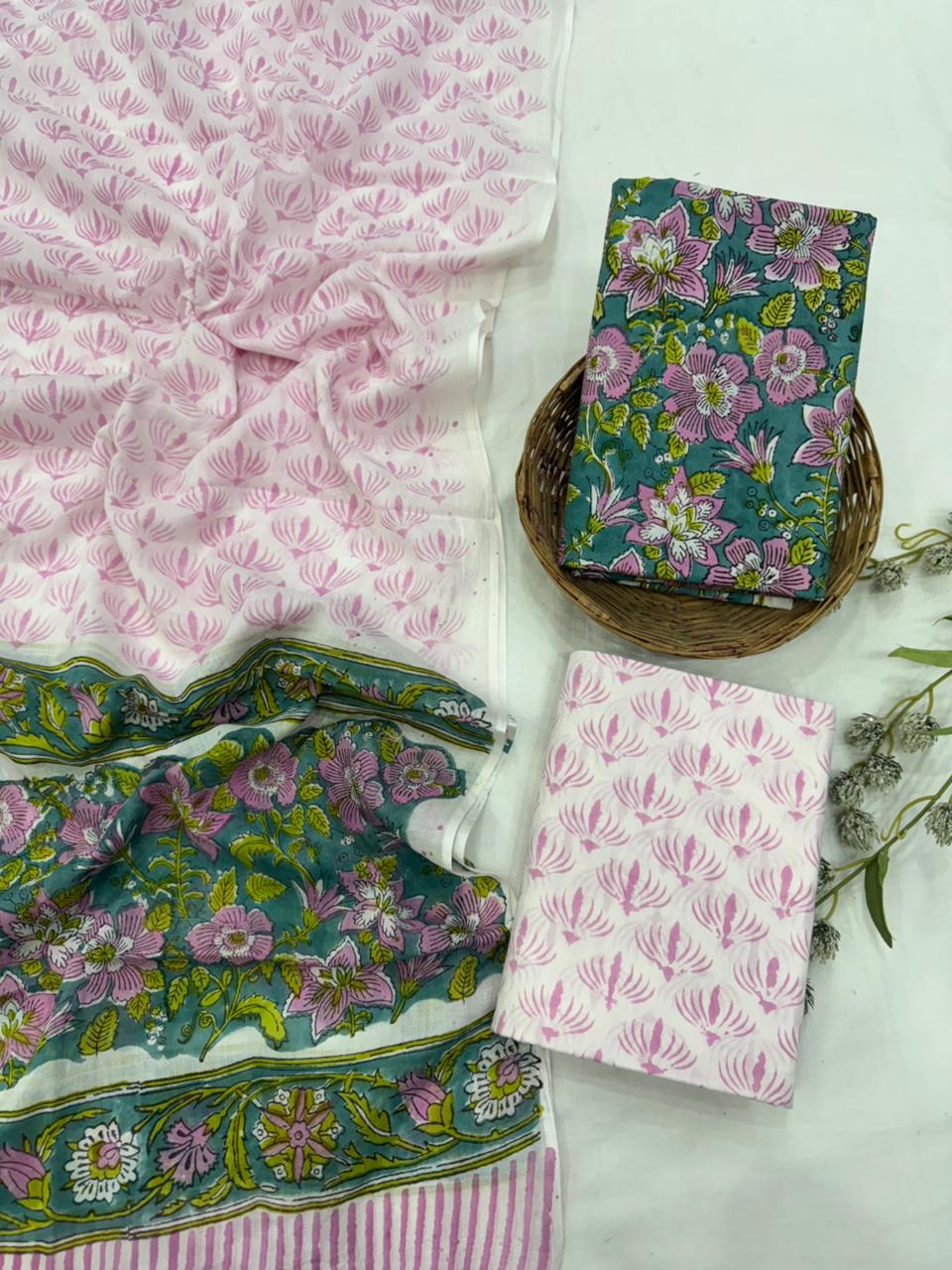 White green cotton mulmul dress material wholesale, handblock printed cotton suit set by Fabtexs