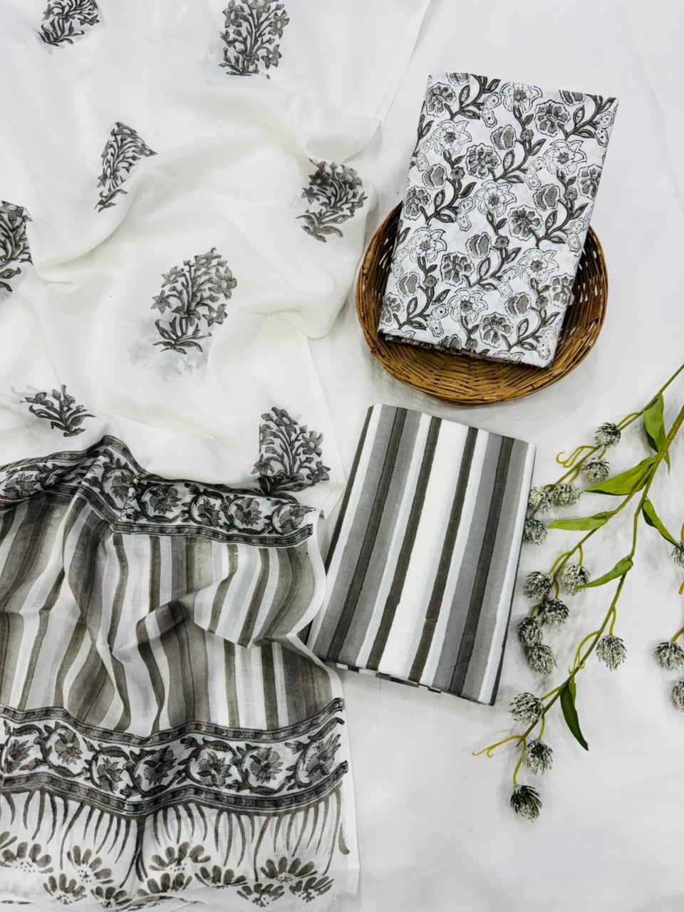 White grey cotton mulmul dress material wholesale with handblock print, soft cotton dress material for retailers by Fabtexs