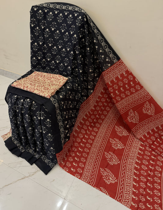 Cotton mulmul handblock printed saree wholesale in black Ajrakh pattern