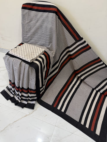 Cotton mulmul handblock printed saree wholesale in black Ajrakh stripes