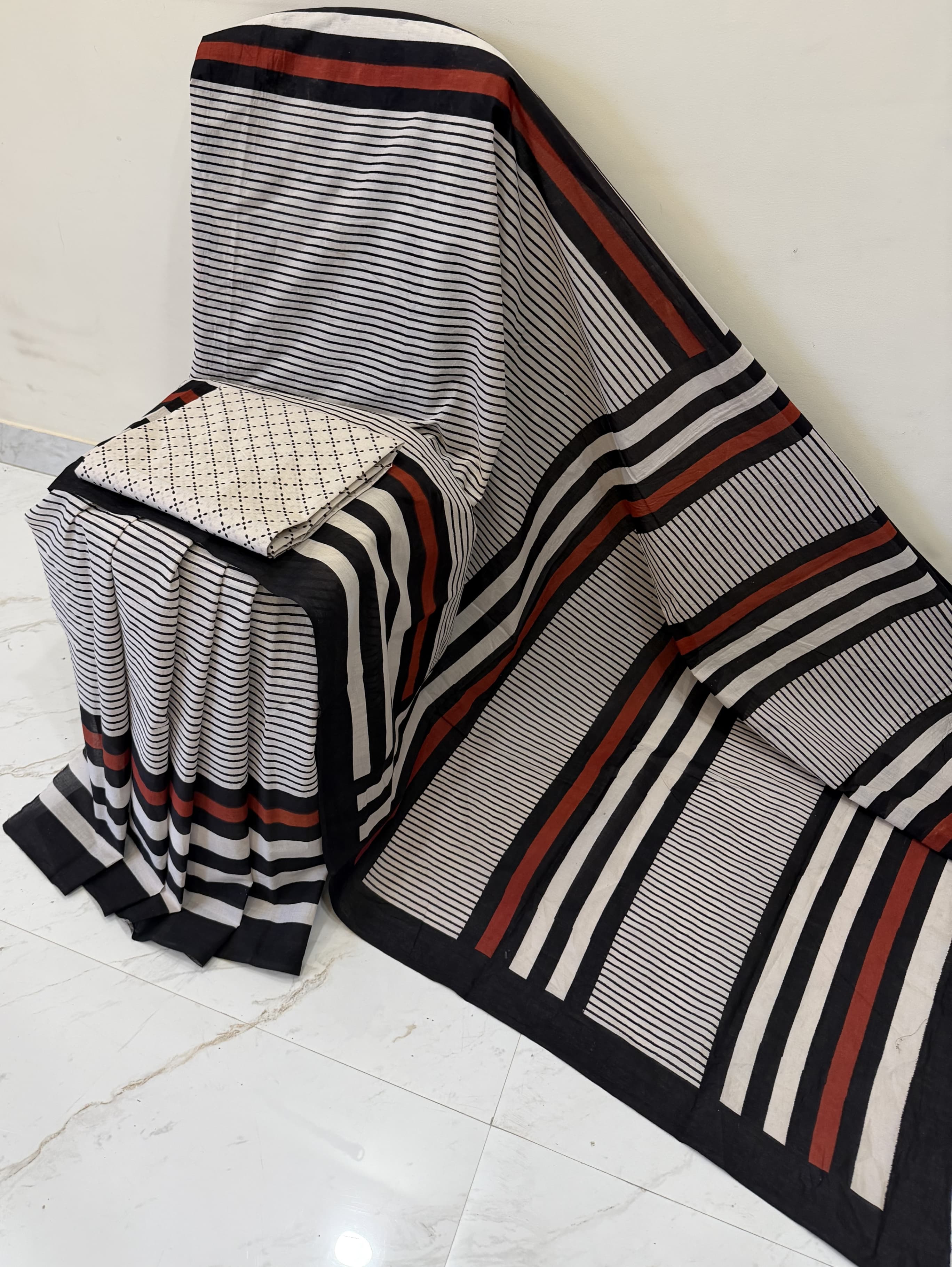 Cotton mulmul handblock printed saree wholesale in black Ajrakh stripes