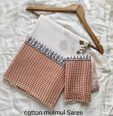 Cotton Mulmul Saree in green and grey – Pure cotton handblock printed saree wholesale by Fabtexs