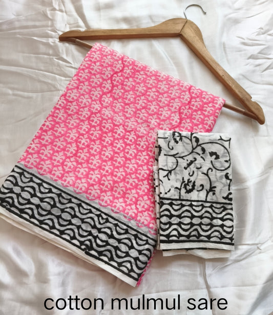 Cotton Mulmul Saree in pink, white and black – Pure cotton handblock printed saree wholesale by Fabtexs
