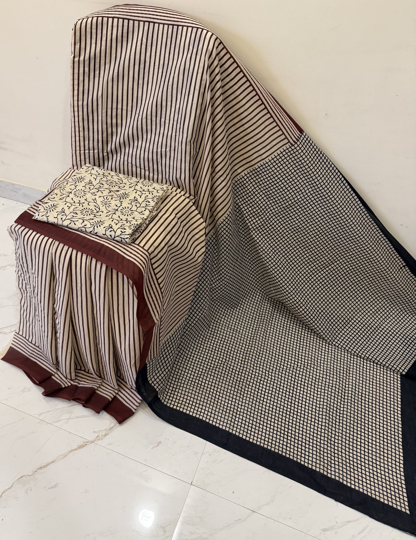 Cotton mulmul handblock printed saree wholesale with Ajrakh striped pattern