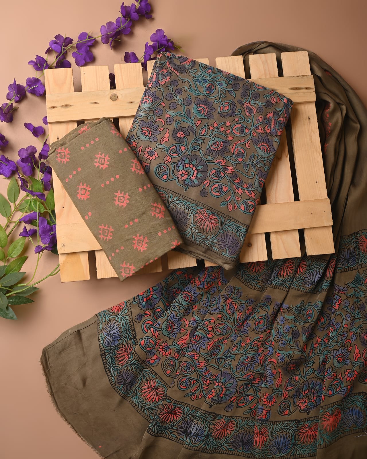 Mehendi green cupro modal silk dress material wholesale, handblock printed silk suit set by Fabtexs