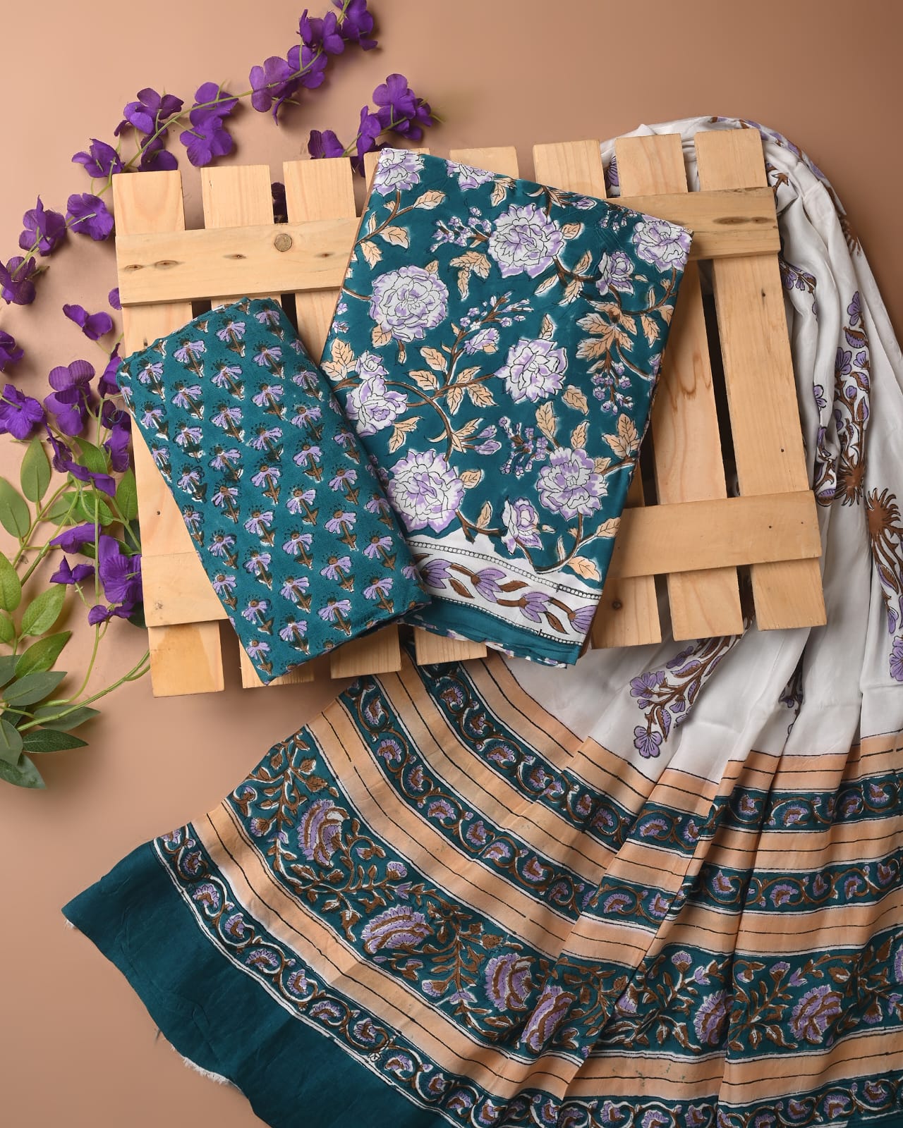 Rama green cupro modal silk dress material wholesale, handblock printed silk suit set by Fabtexs