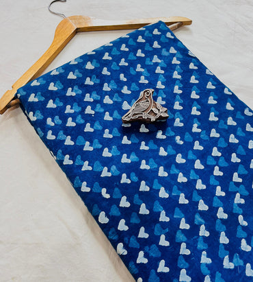 Indigo heart-pattern pure cotton Dabu block print fabric, handcrafted with traditional mud-resist technique for wholesale sourcing at Fabtex.
