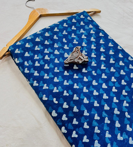 Indigo heart-pattern pure cotton Dabu block print fabric, handcrafted with traditional mud-resist technique for wholesale sourcing at Fabtex.