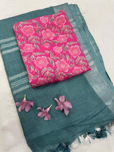 Green Saree with Fuchsia Pink Floral Jaal Blouse Fabric – Premium handcrafted cotton mul handblock saree wholesale for boutiques and retailers