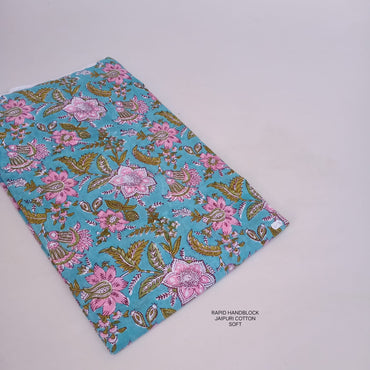 Sanganeri handblock printed cotton fabric – blue pink floral print | Jaipur Sanganeri fabric wholesale supplier