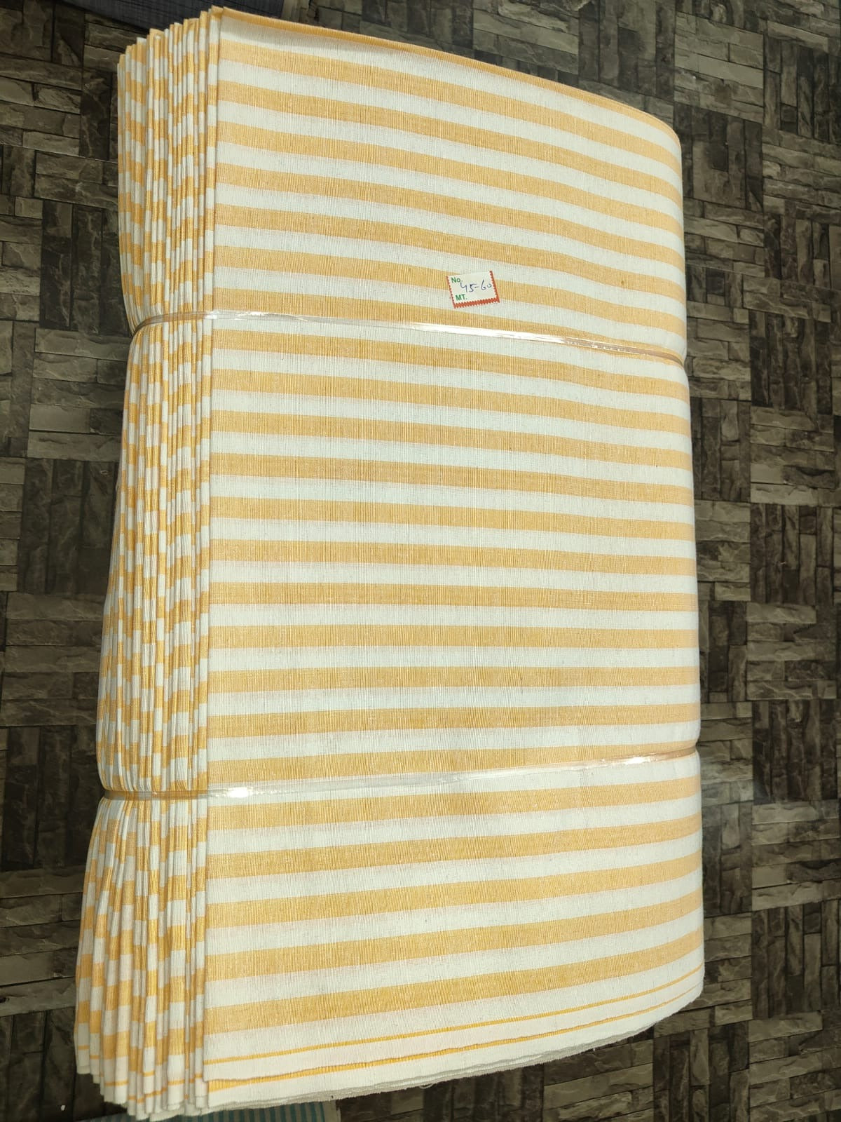 Yellow and white striped khadi cotton textile, machine-woven fabric for wholesale garment production