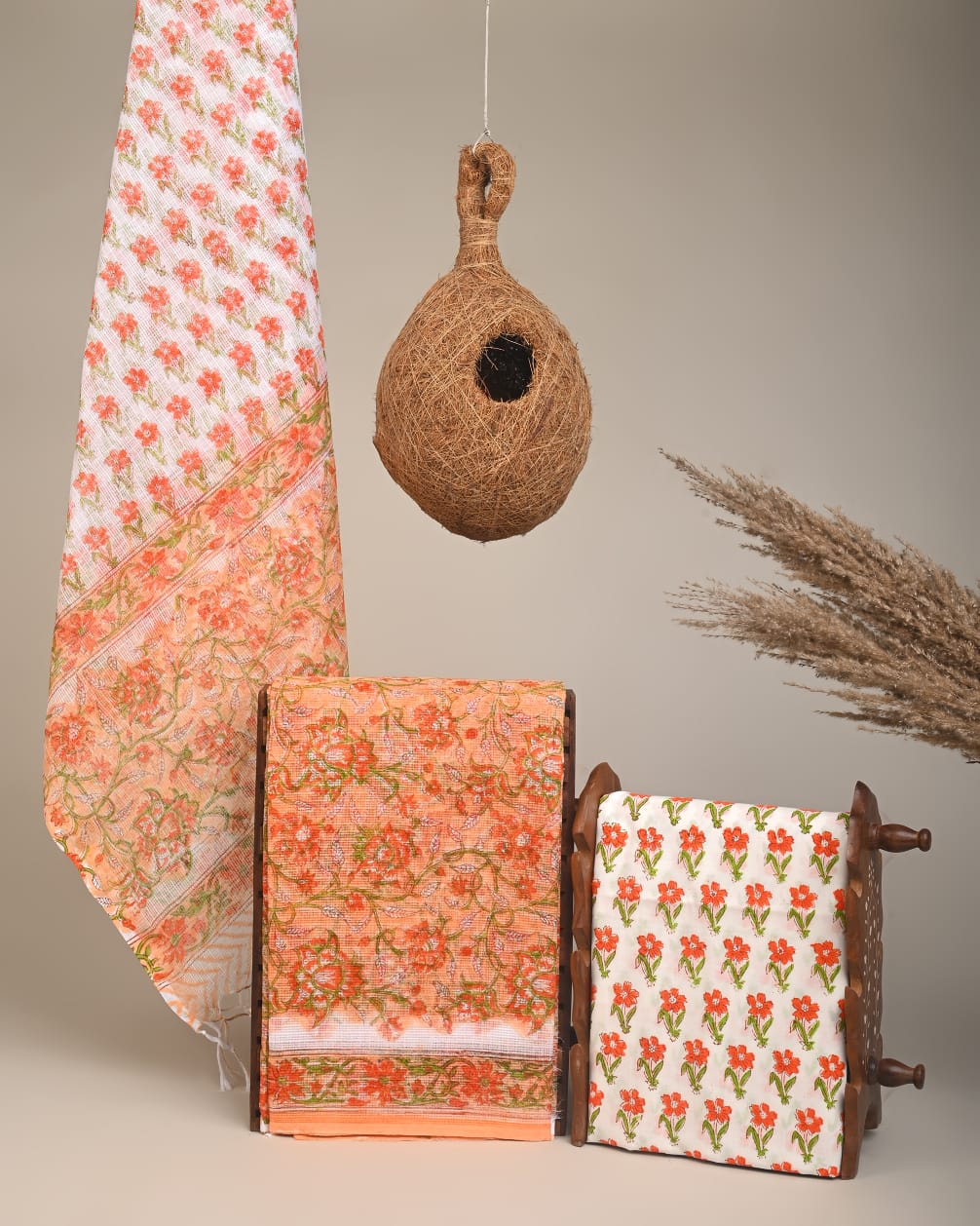 Wholesale Kota Doria Orange Jaal Dress Material – Lightweight handblock printed fabric for designers, boutiques & bulk orders