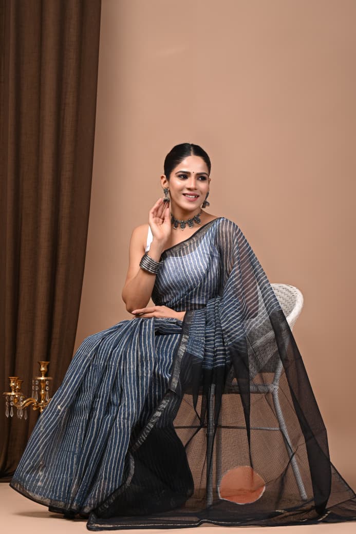 Kota Doria Saree Wholesale in Black Blue Stripes, Pure Cotton, Hand Block Printed, Fabtexs