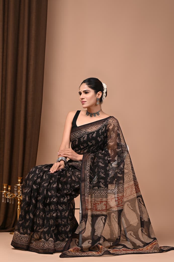 Kota Doria Saree Wholesale in Black Jaal, Pure Cotton, Hand Block Printed, Fabtexs