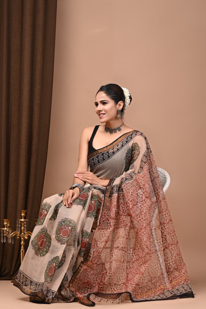 Kota Doria Saree Wholesale in Cream Black Jaal, Pure Cotton, Hand Block Printed, Fabtexs