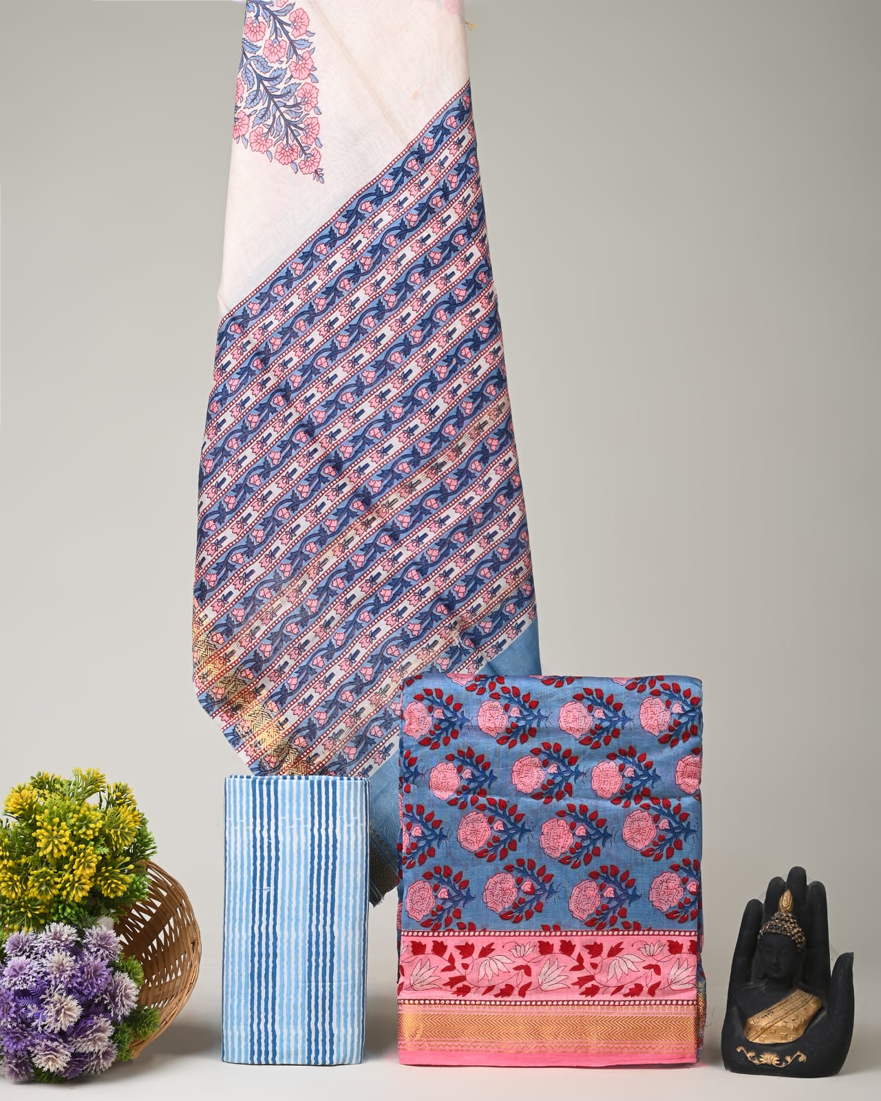 Blue pink butti Maheshwari silk dress material wholesale, handblock printed silk suit set by Fabtexs