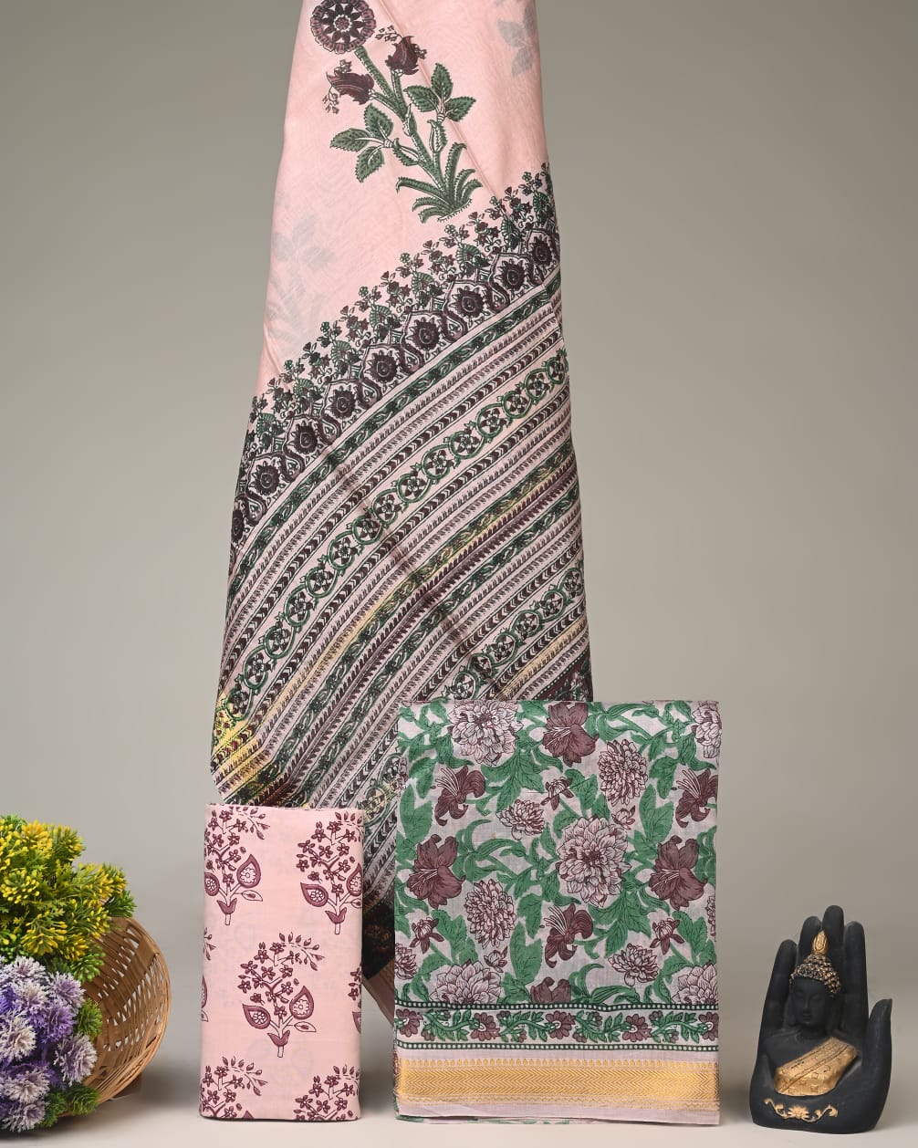 Green peach jaal Maheshwari silk dress material wholesale, handblock printed silk suit set by Fabtexs
