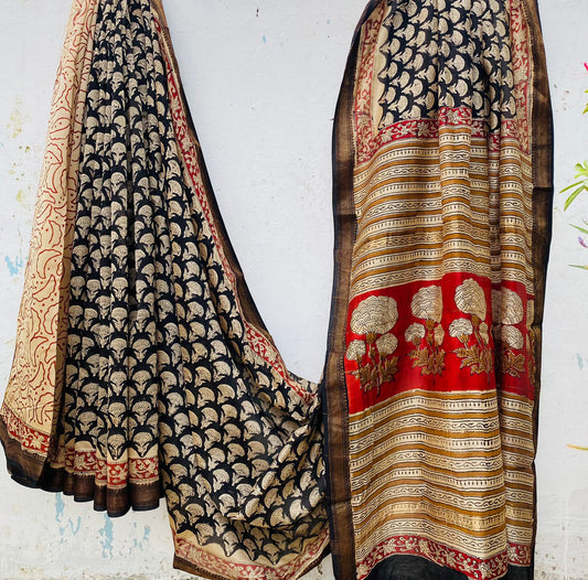 Maheshwari silk saree wholesale, hand block printed maroon black mustard, pure silk saree by Fabtexs