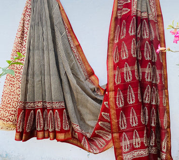 Maheshwari silk saree wholesale, hand block printed red black stripes, pure silk saree by Fabtexs