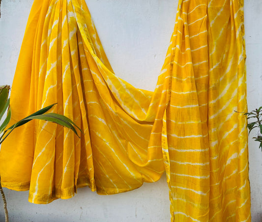 Maheshwari silk saree wholesale, hand block printed yellow leheriya, pure silk saree by Fabtexs