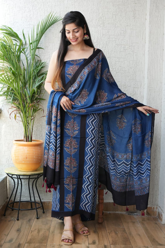 Ajrakh handblock printed modal dress material in indigo color – wholesale artisan fabric
