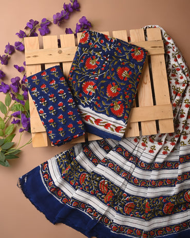 Navy Blue Floral JAL Cupro Modal Silk Handblock Printed Dress Material – B2B Fabric for Designers & Wholesalers