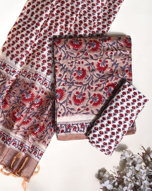 Brown Puna silk dress material wholesale, handblock printed silk suit set by Fabtexs