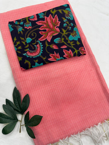 Plain Kota Doriya Saree with Printed Blouse MOQ 6pcs | Assorted – Fabtexs