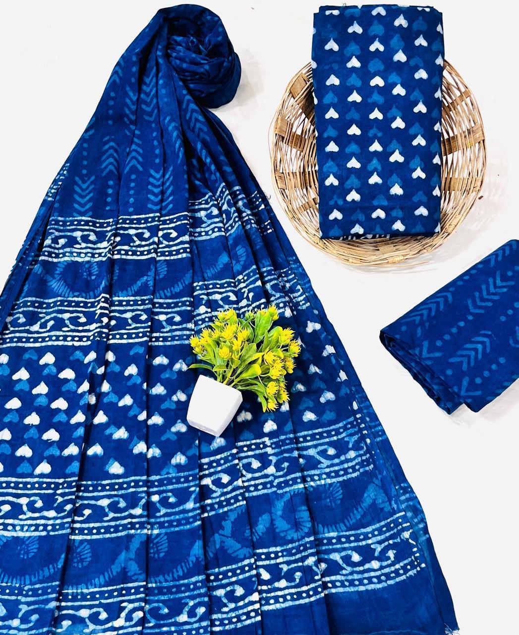 Wholesale Handblock Printed Cotton Mul Dress Material Set with Mul Dupatta – Indigo Butti Design, Artisan-Crafted in Rajasthan for Designers, Boutiques, and Bulk Orders