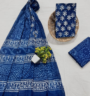 Wholesale Handblock Printed Cotton Mul Dress Material Set with Mul Dupatta – Indigo Color, Artisan-Crafted in Rajasthan for Designers, Boutiques, and Bulk Orders