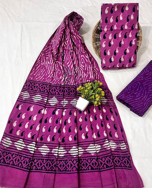 Wholesale Handblock Printed Cotton Mul Dress Material Set with Mul Dupatta – Wine Color, Artisan-Crafted in Rajasthan for Designers, Boutiques, and Bulk Orders