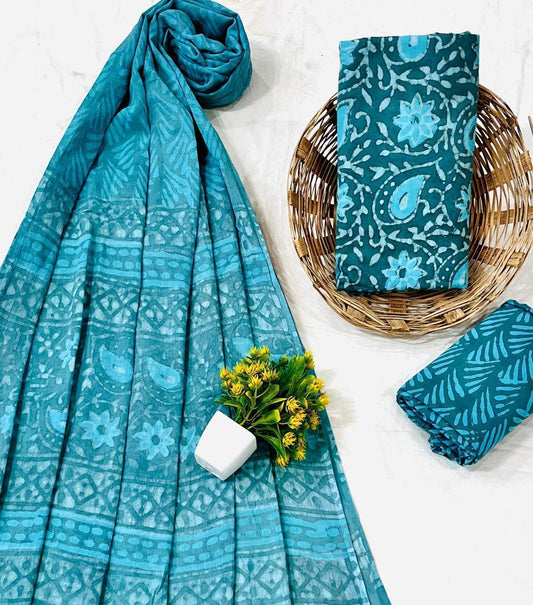Wholesale Handblock Printed Cotton Mul Dress Material Set with Mul Dupatta – Greyish Blue Color, Artisan-Crafted in Rajasthan for Designers, Boutiques, and Bulk Orders