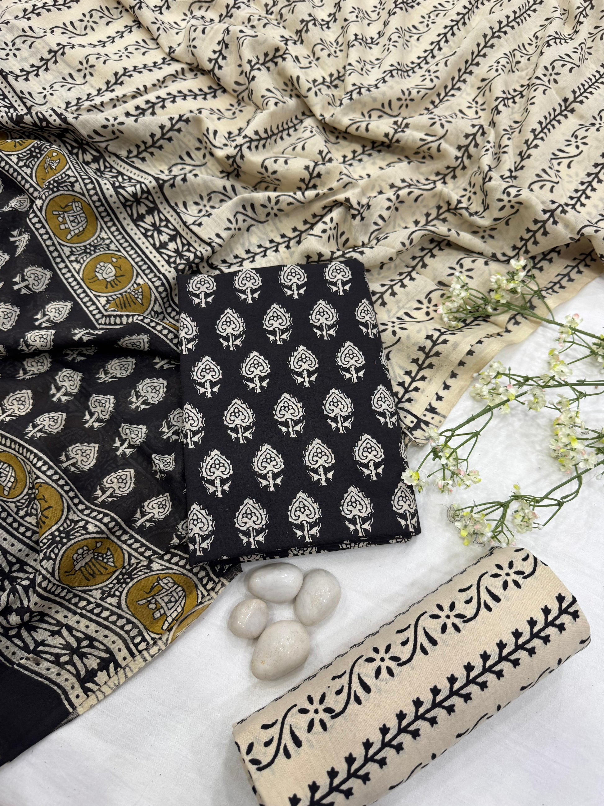 Wholesale Black Floral Handblock Printed Cotton Mul Dress Material – Jaipur Block Print, Artisan-Crafted in Rajasthan for Designers, Boutiques, and Bulk Orders