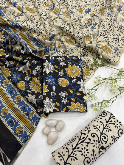 Wholesale Black Flower Print Cotton Mul Dress Material – Handcrafted by Rajasthan Block Printers for Designers, Boutiques, and Bulk Orders