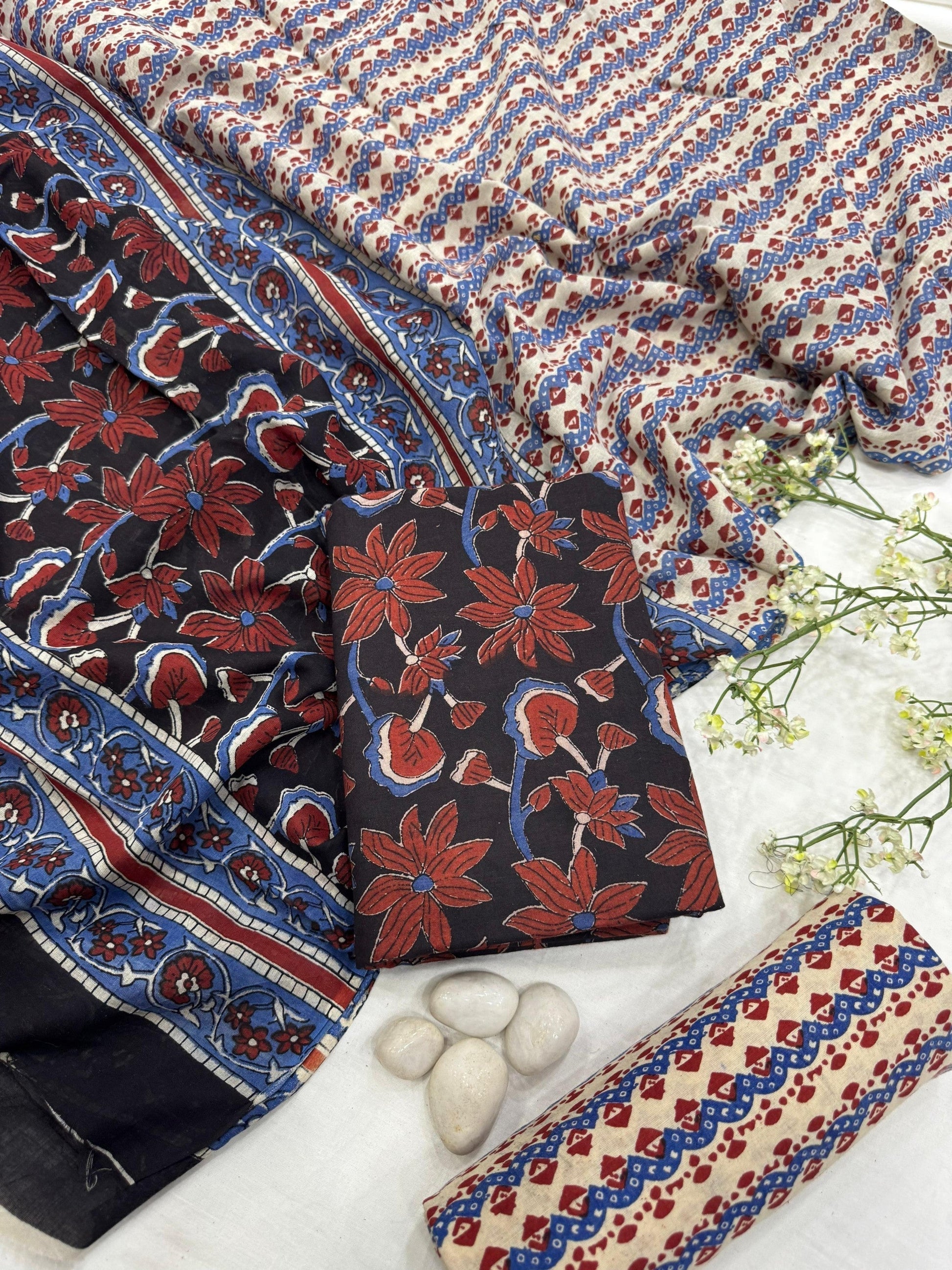Wholesale Black Maroon Floral Cotton Mul Dress Material – Handmade in Rajasthan for Designers, Boutiques, and Bulk Orders