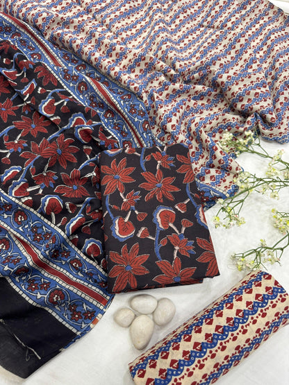 Wholesale Black Maroon Floral Cotton Mul Dress Material – Handmade in Rajasthan for Designers, Boutiques, and Bulk Orders