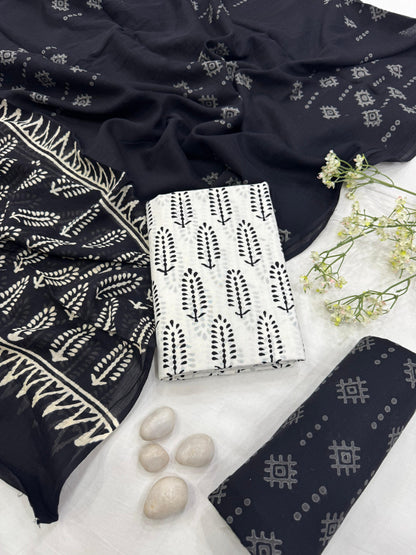 Wholesale Black & White Handblock Printed Cotton Mul Dress Material – Contrast Floral Design, Artisan-Crafted in Rajasthan for Designers, Boutiques, and Bulk Orders