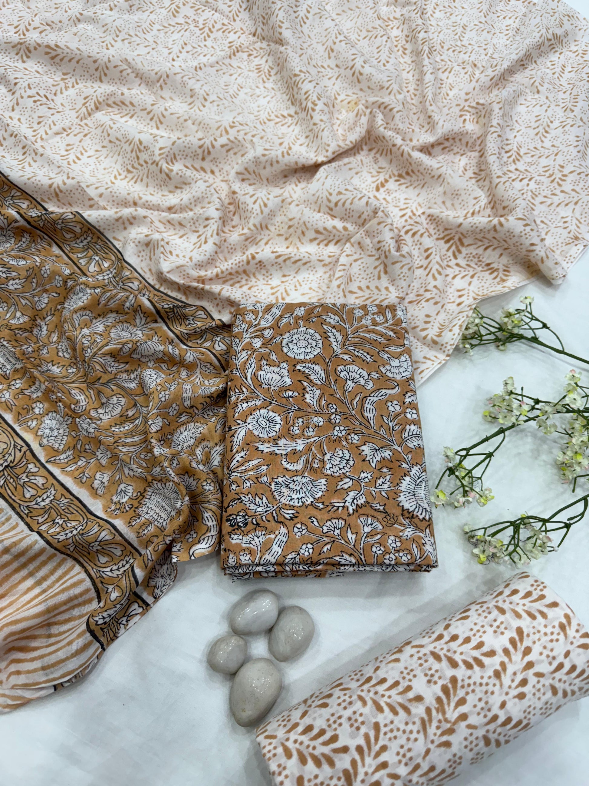 Wholesale Brown Floral Cotton Mul Dress Material – Traditional Handblock Print, Artisan-Crafted in Rajasthan for Designers, Boutiques, and Bulk Orders
