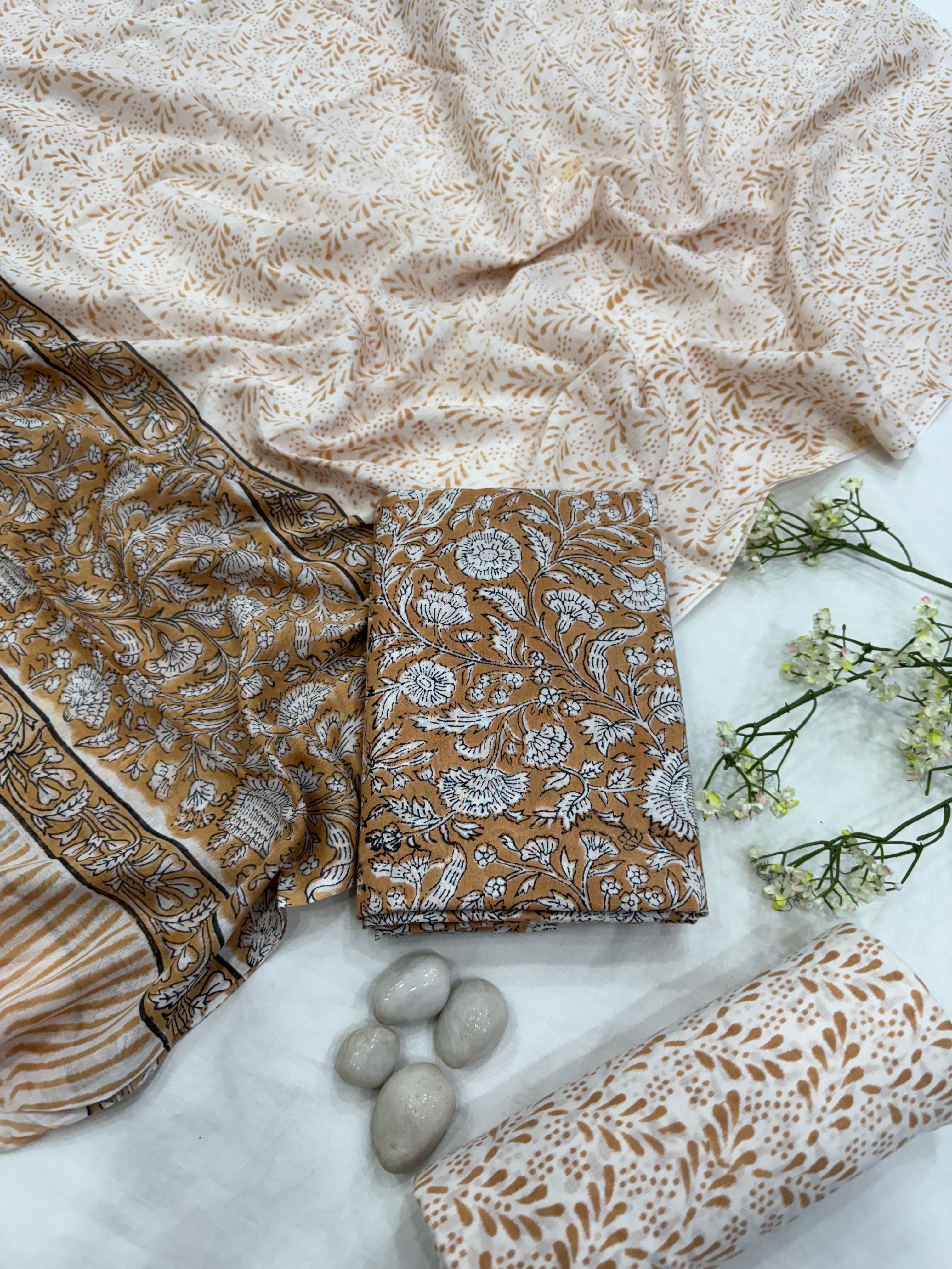 Wholesale Brown Floral Cotton Mul Dress Material – Traditional Handblock Print, Artisan-Crafted in Rajasthan for Designers, Boutiques, and Bulk Orders
