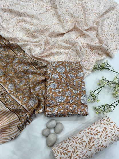 Wholesale Brown Floral Cotton Mul Dress Material – Traditional Handblock Print, Artisan-Crafted in Rajasthan for Designers, Boutiques, and Bulk Orders