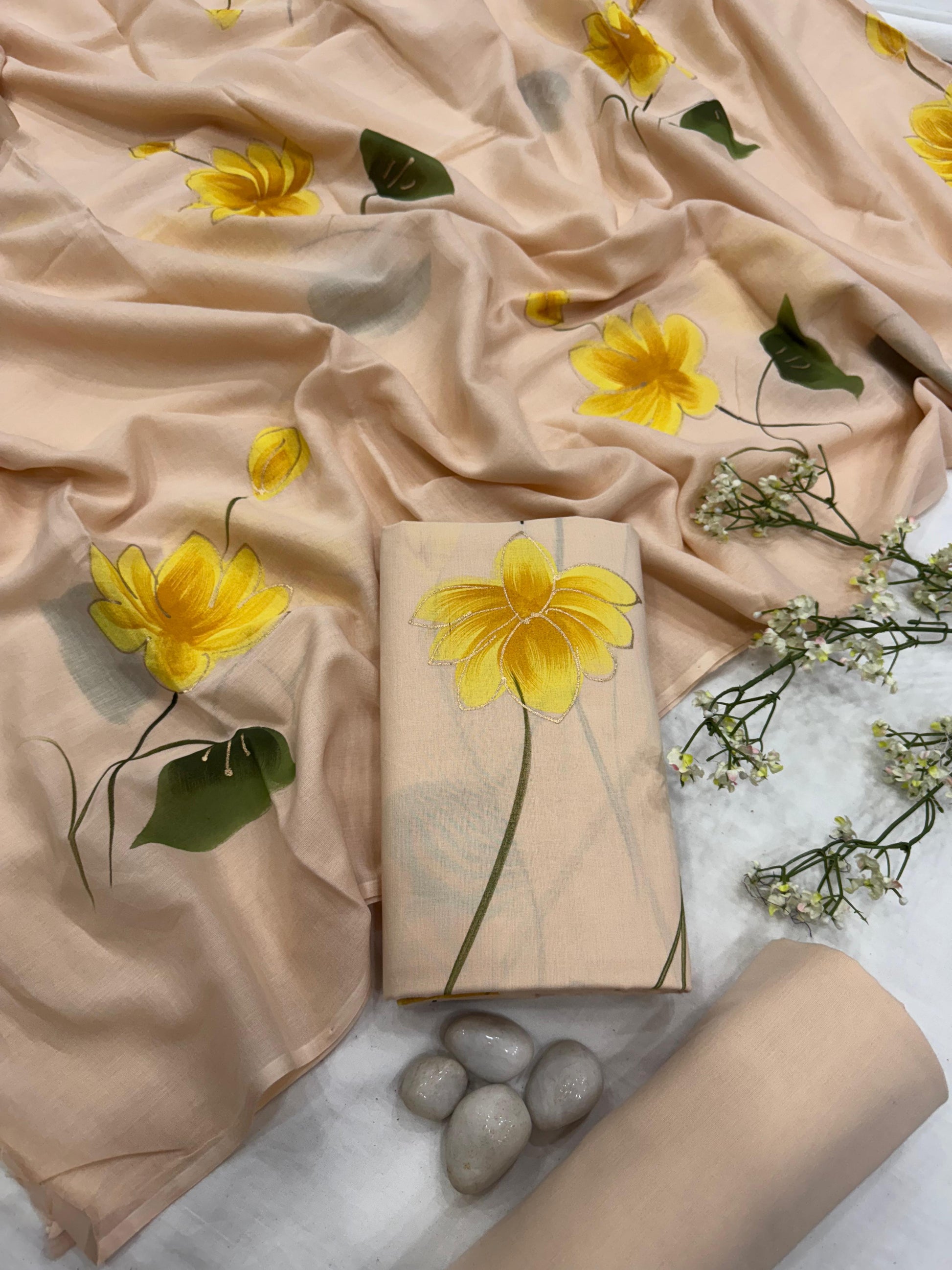 Wholesale Cream Handpainted Cotton Mul Dress Material – Artisan-Crafted in Rajasthan for Designers, Boutiques, and Bulk Orders